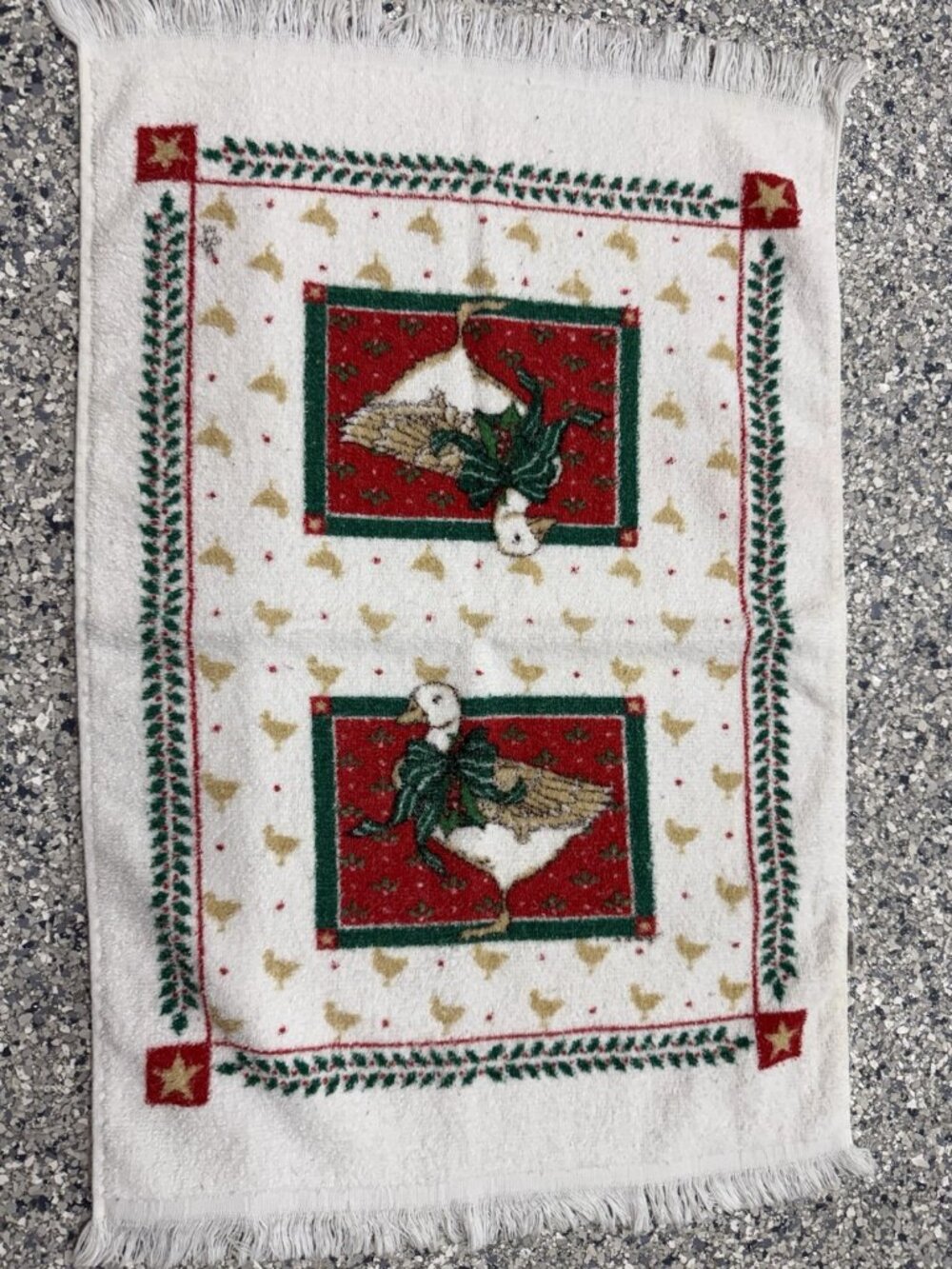 Vintage 80s 90s Country Goose Hand Dish Towel Christmas Holly Fringed Retro